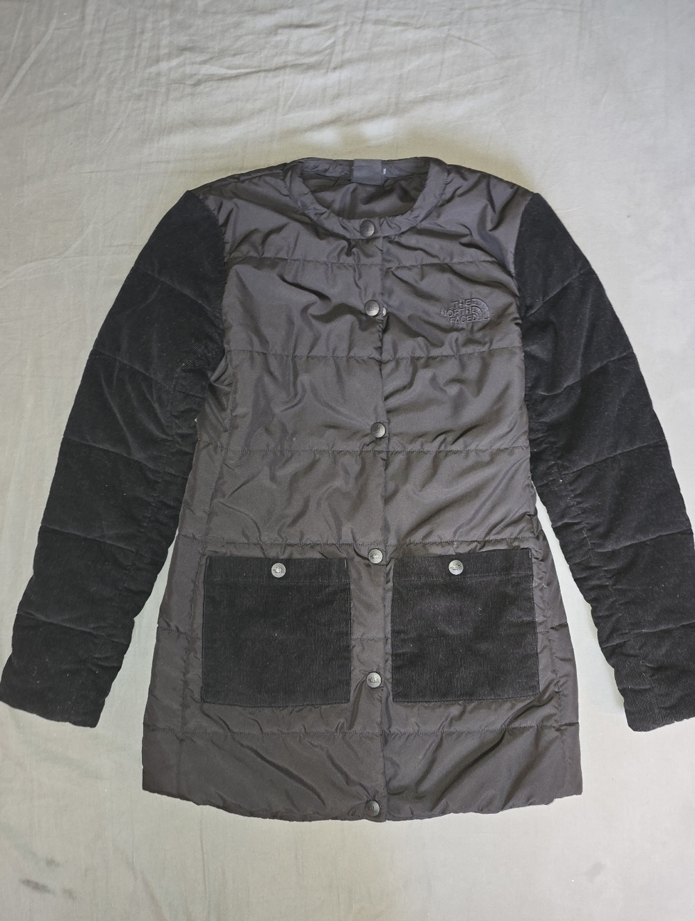 The North Face Women's Black Quilted Snap-Front Puffer Coat w/ Courdoroy Details